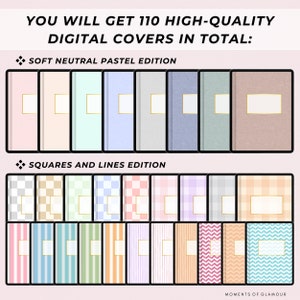 Op de afbeelding: Een digitale download van 110 afdrukbare planner-covers in twee stijlen: zacht neutrale pastel en vierkanten en lijnen. De covers tonen een verscheidenheid aan kleuren en patronen.