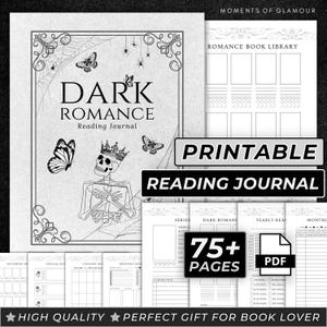May include: Printable dark romance reading journal with over 75 pages. The cover features a skeleton wearing a crown and holding a book, with butterflies and spiderwebs in the background. The journal includes sections for upcoming reads, special editions, monthly reads, and yearly reads.