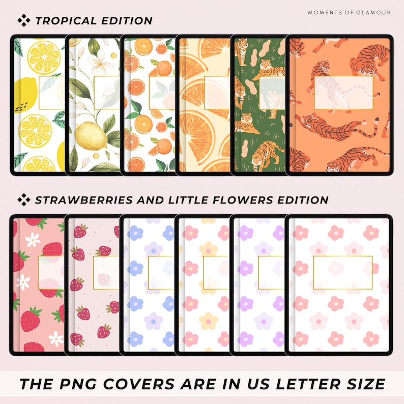 Op de afbeelding: Een set afdrukbare digitale planner-covers met tropisch fruit, tijgers, aardbeien en bloemen. De covers zijn in US letter formaat.