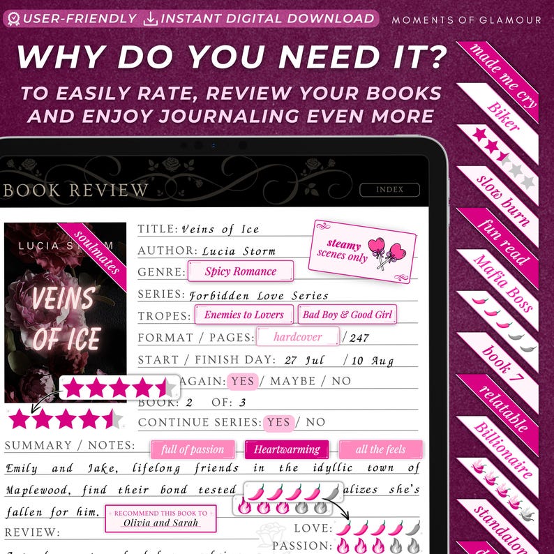 May include: A book review template with a pink background and black text. The template includes a section for the book title, author, genre, series, tropes, format, pages, start and finish dates, whether the book is a continuation of a series, and a summary. The template also includes a section for rating the book on a scale of five stars, and a section for rating the book on a scale of five chili peppers for love and passion.