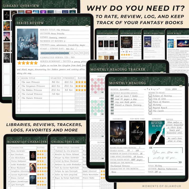 May include: A digital fantasy book reading planner displayed on multiple tablet screens. The interface features dark green leaf borders, including sections for series reviews, monthly reading trackers, character logs, and book world details.