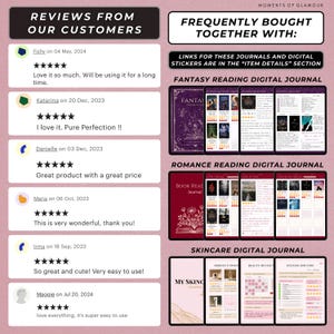 May include: A collage of digital journal covers with customer reviews. The covers feature a fantasy, romance, and skincare theme. The reviews are positive and highlight the quality of the journals.
