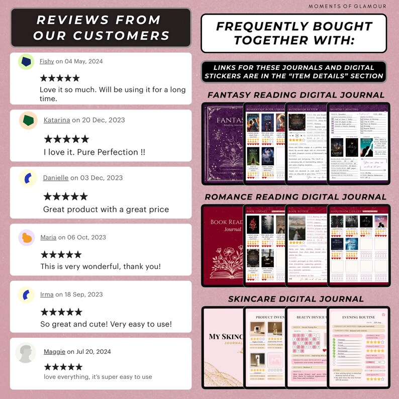 May include: A collage of digital journal covers with customer reviews. The covers feature a fantasy, romance, and skincare theme. The reviews are positive and highlight the quality of the journals.