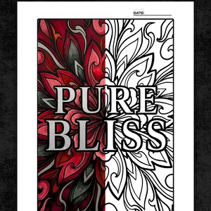 Pu&ograve; includere: Una pagina da colorare intitolata PURE BLISS con un design diviso, una met&agrave; colorata in tonalit&agrave; di rosso, rosa e grigio scuro, e l'altra met&agrave; come disegno al tratto in bianco e nero. Il testo in alto recita 30 SPICY ROMANCE COLORING PAGES.