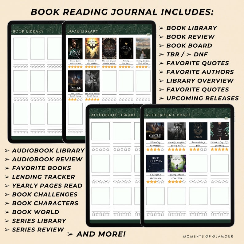 May include: A digital book reading journal displayed on tablets, featuring sections for book and audiobook libraries, reviews, boards, TBR, DNF, favourite quotes, authors, and challenges. The interface includes star ratings and book cover thumbnails.