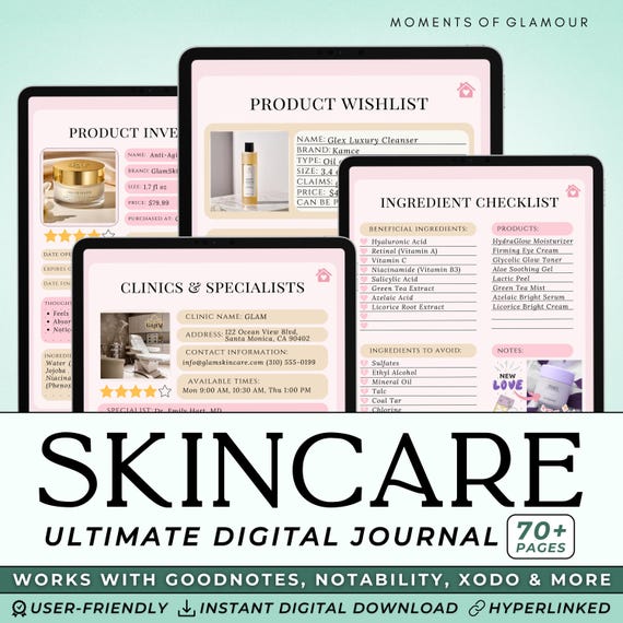 Skin Care Routine Journal Digital Self Care Planner for Skincare Logging Digital Skin Care Tracker Skin Product Inventory Beauty Checklist