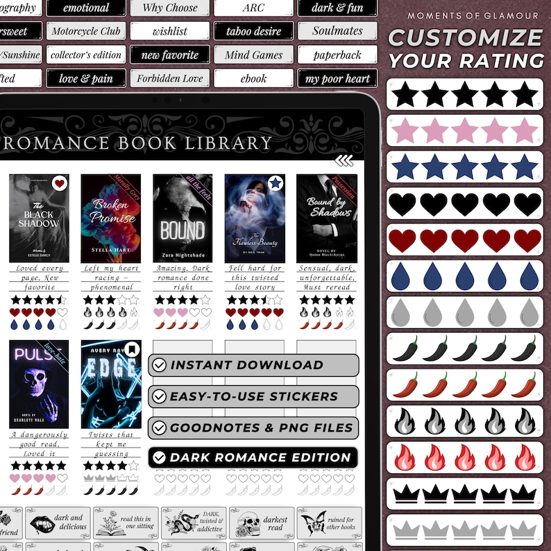 Dark Romance Sticker Goodnote Reading Journal Sticker Bundle PNG Book Trope Sticker Pack for Journaling Digital Book Genre Label for Reader image 7