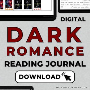May include: A digital planner for dark romance readers. The planner includes a reading log, book library, audiobook library, and more. The planner is black and white with a gothic design.