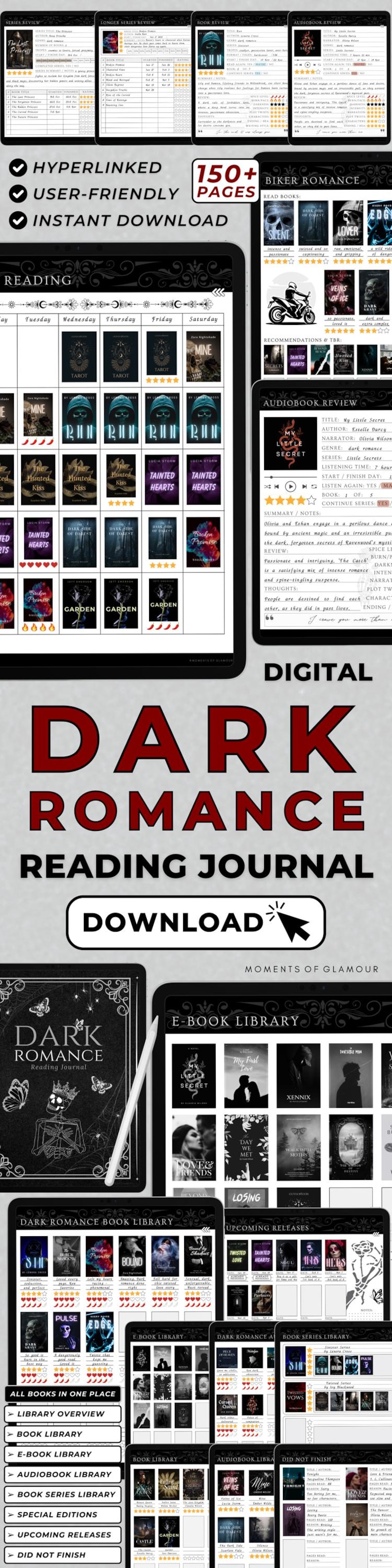 May include: A digital planner for dark romance readers. The planner includes a reading log, book library, audiobook library, and more. The planner is black and white with a gothic design.
