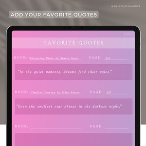 Puede incluir: Una tableta digital rosa y morada con una pantalla blanca que muestra un diario de citas. El diario tiene el t&iacute;tulo "Citas favoritas" e incluye una secci&oacute;n para el t&iacute;tulo del libro, el autor, el n&uacute;mero de p&aacute;gina y la cita en s&iacute;. El diario tiene dos ejemplos de citas rellenados. La primera cita es "En los momentos de silencio, los sue&ntilde;os encuentran su voz." La segunda cita es "Incluso la estrella m&aacute;s peque&ntilde;a brilla en la noche m&aacute;s oscura."