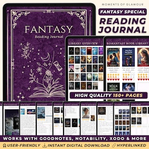 May include: A digital printable reading journal for fantasy books. The cover features a purple background with a white open book, stars, and a flower. The journal includes pages for book mood boards, book reviews, monthly reading logs, and more. The text "Fantasy Reading Journal" is displayed on the cover.