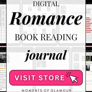 May include: A digital planner for romance book lovers. The planner includes sections for tracking books read, series reviews, book boards, and yearly reading trackers. The planner has a black and white design with a pink background.