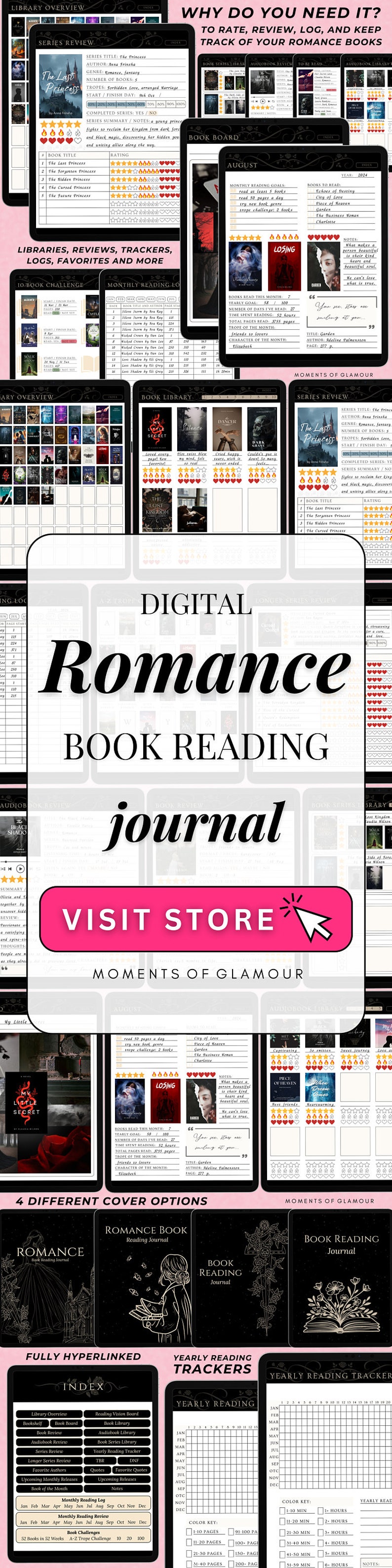 May include: A digital planner for romance book lovers. The planner includes sections for tracking books read, series reviews, book boards, and yearly reading trackers. The planner has a black and white design with a pink background.