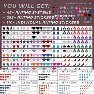 May include: A set of 110+ individual rating stickers featuring stars, hearts, water drops, crowns, flames, and chili peppers in various colors. The stickers are designed for use in rating systems.