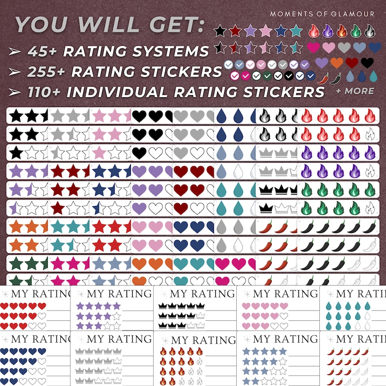 May include: A set of 110+ individual rating stickers featuring stars, hearts, water drops, crowns, flames, and chili peppers in various colors. The stickers are designed for use in rating systems.