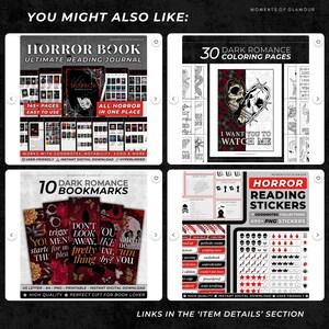 Puede incluir: Un collage de productos digitales que presenta un diario de lectura de terror, 30 p&aacute;ginas para colorear de romance oscuro, 10 marcap&aacute;ginas de romance oscuro y pegatinas de lectura de terror con t&iacute;tulos e ilustraciones.