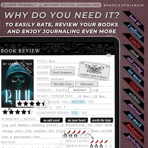 May include: A digital book review template with a black and white skull graphic. The template includes fields for title, author, genre, series, tropes, format, pages, start and finish date, and a rating system. The template also includes a section for summary and notes, with a spice level and burn/pace rating.