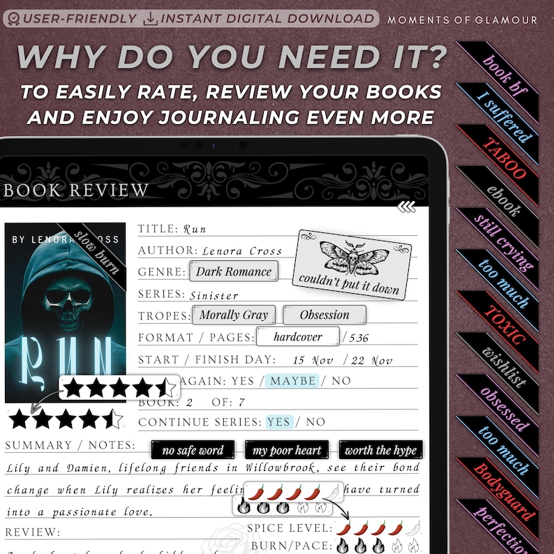 May include: A digital book review template with a black and white skull graphic. The template includes fields for title, author, genre, series, tropes, format, pages, start and finish date, and a rating system. The template also includes a section for summary and notes, with a spice level and burn/pace rating.
