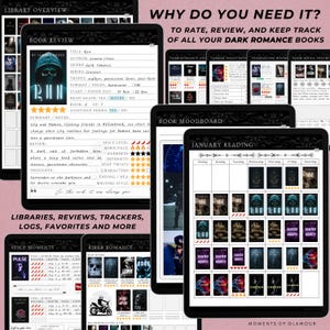 May include: A digital planner for tracking dark romance books. The planner includes sections for book reviews, mood boards, reading logs, and more. The planner is designed with a dark and gothic aesthetic.