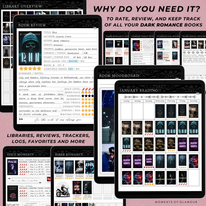 May include: A digital planner for tracking dark romance books. The planner includes sections for book reviews, mood boards, reading logs, and more. The planner is designed with a dark and gothic aesthetic.