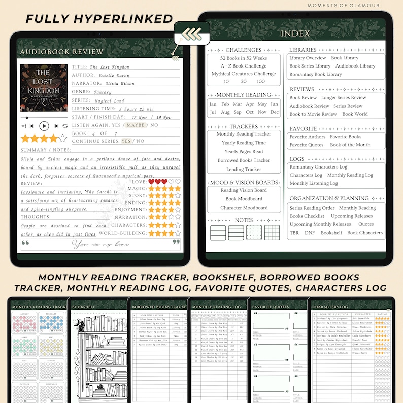 May include: A digital reading planner displayed on tablets, featuring an audiobook review page with fields for title, author, and ratings, alongside an index page for tracking books, series, and reading logs with monthly trackers and a bookshelf graphic.