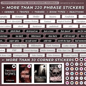 May include: A digital download of over 220 phrase stickers and 30 corner stickers for book lovers. The phrase stickers include genres, tropes, themes, book types, and reactions. The corner stickers include hearts, stars, and bookmarks in various colors. The stickers are designed to be used for digital book reading journals.