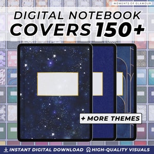 May include: Three digital notebook covers with different designs. The first cover features a dark blue background with white stars and a gold rectangle. The second cover is a solid dark blue with a gold rectangle. The third cover has a dark blue background with gold lines and a gold rectangle. The text "DIGITAL NOTEBOOK COVERS 150+ + MORE THEMES" is at the top of the image. The text "INSTANT DIGITAL DOWNLOAD HIGH-QUALITY VISUALS" is at the bottom of the image.