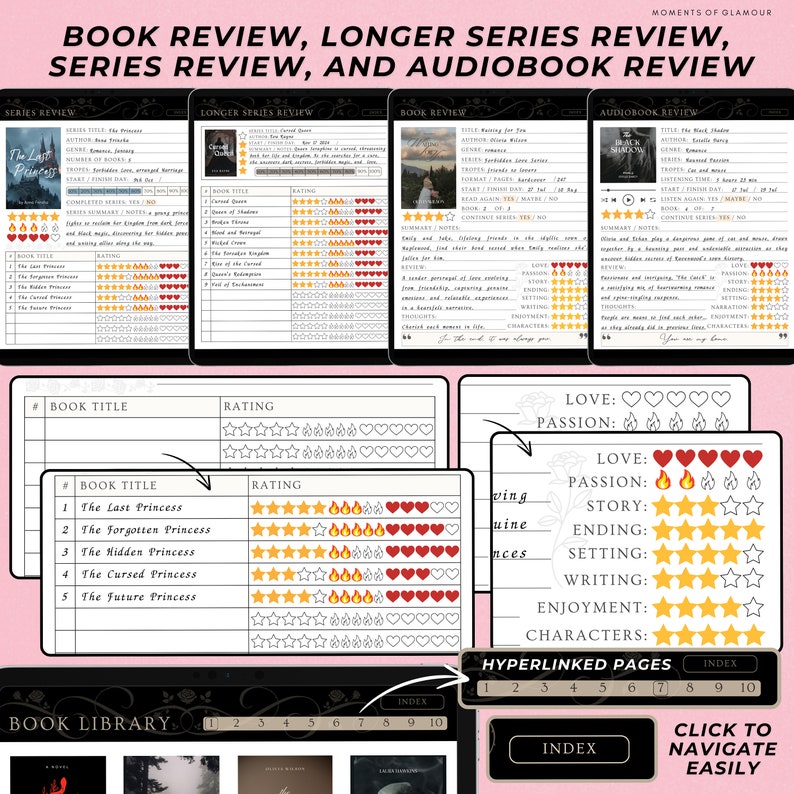May include: A book review template with a grid of stars and hearts for rating different aspects of a book, such as love, passion, story, ending, setting, writing, enjoyment, and characters. The template also includes a book library section with images of books and a section for hyperlinked pages.