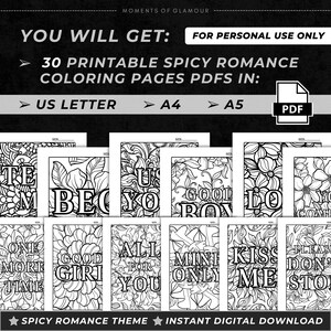 Pu&ograve; includere: Una collezione digitale di 30 pagine da colorare stampabili con motivi floreali e frasi romantiche come Good Girl, Kiss Me e All For You. I file sono forniti in formato PDF per i formati US Letter, A4 e A5 per solo uso personale.