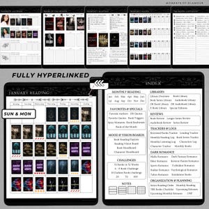 May include: A black and white printable planner for tracking reading goals. The planner includes sections for favorite authors, monthly reading, book reviews, mood boards, challenges, and notes. The planner is fully hyperlinked.