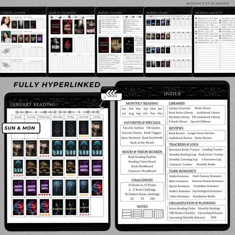 May include: A black and white printable planner for tracking reading goals. The planner includes sections for favorite authors, monthly reading, book reviews, mood boards, challenges, and notes. The planner is fully hyperlinked.