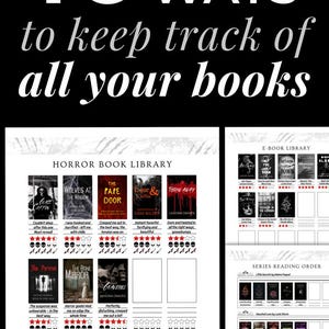 Puede incluir: Una p&aacute;gina de planificador digital para el seguimiento de libros con una plantilla de rese&ntilde;as de libros de terror, una biblioteca de libros de terror con valoraciones, registros de lectura y una lista de libros por leer con el texto 10 EASY WAYS.