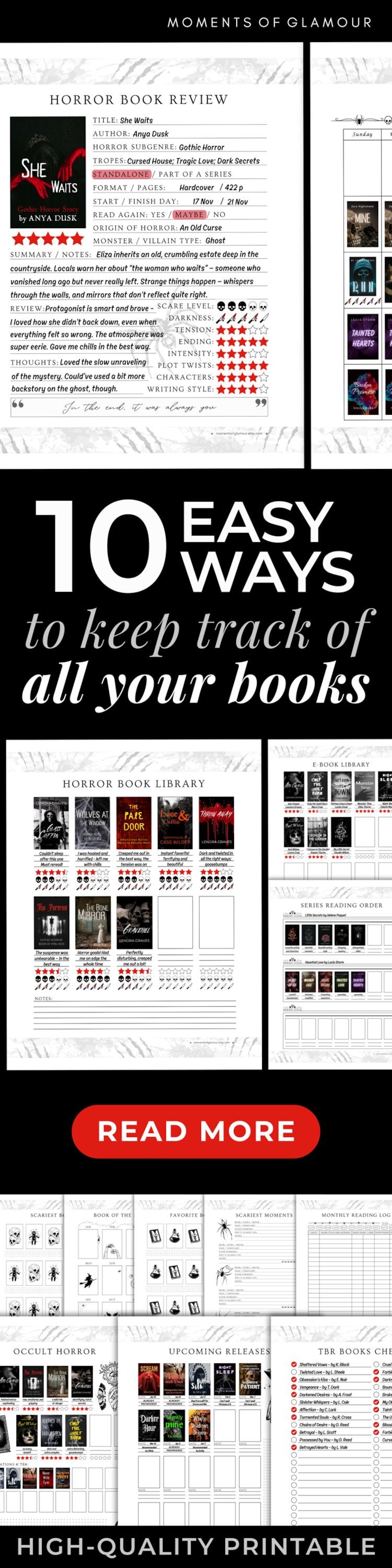 Puede incluir: Una p&aacute;gina de planificador digital para el seguimiento de libros con una plantilla de rese&ntilde;as de libros de terror, una biblioteca de libros de terror con valoraciones, registros de lectura y una lista de libros por leer con el texto 10 EASY WAYS.
