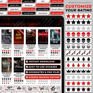 以下が含まれることがあります： 「Wolves at the Window」や「The Pale Door」などのタイトルを含む、表紙、評価、ステッカーを備えたデジタルホラーブックライブラリ。星、頭蓋骨、ナイフ、血滴を備えたカスタマイズ可能な評価システムを備えています。