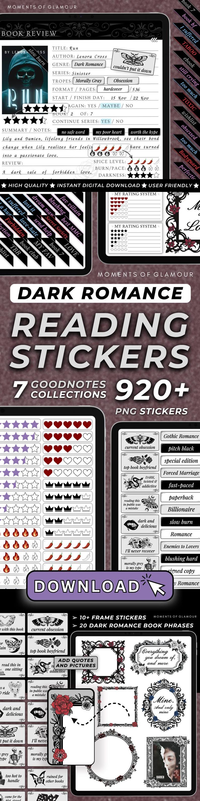 May include: A digital illustration of a book review for a dark romance novel titled "Run" by Lenora Cross. The image includes a book cover, a rating system, and a summary of the book. The image also includes a set of digital stickers for Goodnotes, featuring various dark romance themes, such as "Gothic Romance", "Forced Marriage", "Enemies to Lovers", and "Blushing Hard".