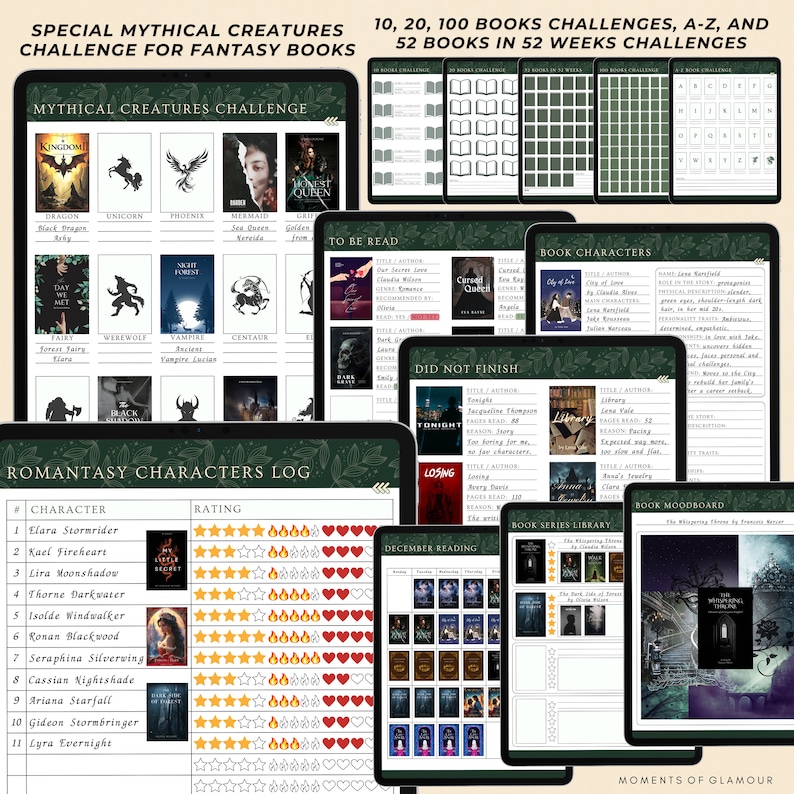 May include: A digital reading journal featuring templates for book challenges, character logs, and mood boards. The pages include sections for mythical creatures, reading lists, character ratings with star and flame icons, and monthly calendars in dark green.