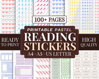 Puede incluir: Una colección de pegatinas de lectura imprimibles con iconos pastel como corazones, gotas de agua, chiles y estrellas. El texto incluye 100+ PAGES, PRINTABLE PASTEL READING STICKERS, A4-A5-US LETTER, READY TO PRINT y HIGH QUALITY.