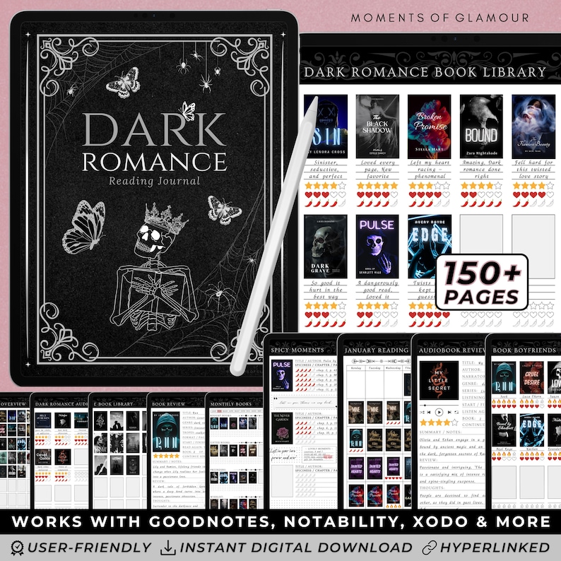 May include: A digital planner for dark romance book lovers. The cover features a black and white illustration of a skeleton holding a book with a spiderweb design. The planner includes pages for tracking reading progress, book reviews, and more. The text "Dark Romance Reading Journal" is displayed on the cover.