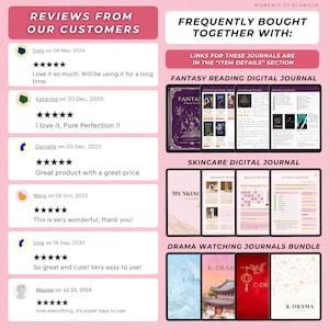 May include: A collage of digital journal covers with reviews from customers. The journals are for fantasy reading, skincare, and drama watching. The reviews are positive and include star ratings.