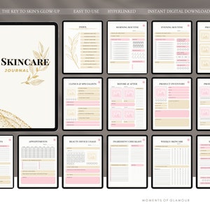 May include: A digital printable skincare journal with a gold and white cover featuring the text "My Skincare Journal". The journal includes pages for tracking appointments, morning and evening routines, product wishlists, and more.