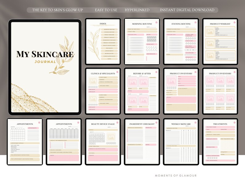 May include: A digital printable skincare journal with a gold and white cover featuring the text "My Skincare Journal". The journal includes pages for tracking appointments, morning and evening routines, product wishlists, and more.