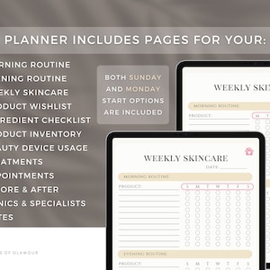 May include: A digital planner with a beige background and black text. The planner includes pages for morning routine, evening routine, weekly skincare, product wishlist, ingredient checklist, product inventory, beauty device usage, treatments, appointments, before and after, clinics and specialists, and notes. The planner also includes a weekly skincare tracker with checkboxes for each day of the week.