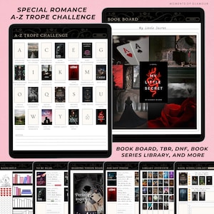 May include: A printable digital download of a book tracker with a black and white color scheme. The tracker includes sections for a book board, to be read, reading vision board, did not finish, library overview, and book series library. The tracker is designed for romance novels.