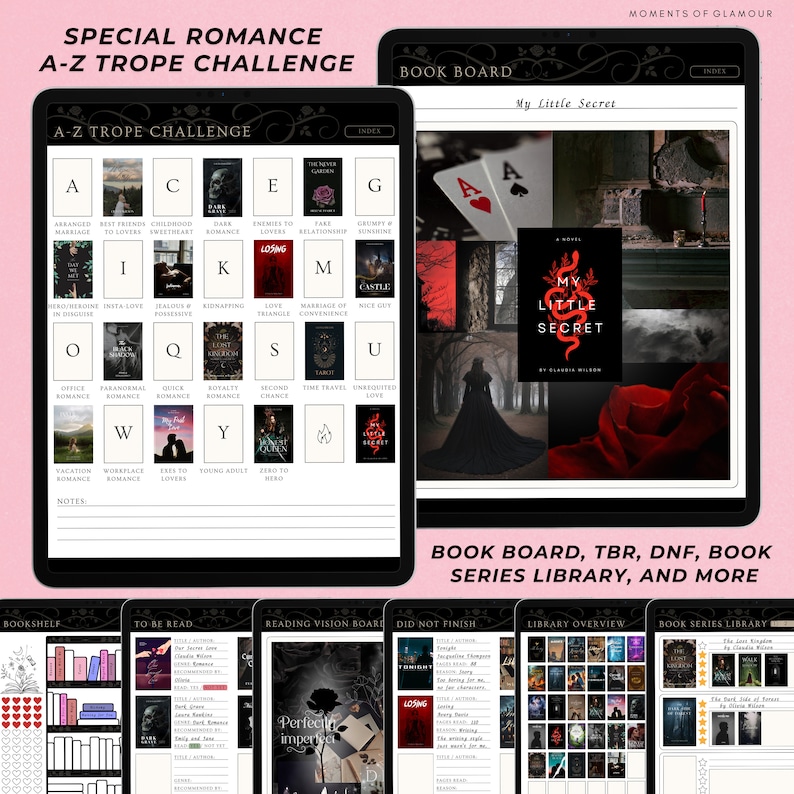 May include: A printable digital download of a book tracker with a black and white color scheme. The tracker includes sections for a book board, to be read, reading vision board, did not finish, library overview, and book series library. The tracker is designed for romance novels.