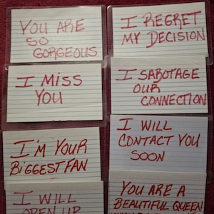 May include: A collection of handwritten notes with red ink on lined paper. The notes contain phrases such as "You are so gorgeous," "I regret my decision," and "I'm your biggest fan." The notes are in clear plastic sleeves.