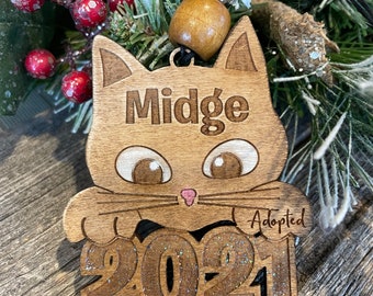 Custom Cat Adoption Ornament: Engraved Wood 'Gotcha Year' Keepsake