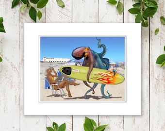 Surfende Krake Strand Kunstdruck: Hangin' Ocho (8.5x11 mattiert)