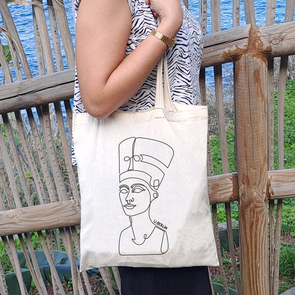 Nefertiti Egyptian Queen Jute Bag | Reusable Lightweight Cotton Tote | Shopping Bag, White Bag, Long Handles, Eco-Friendly, Washable