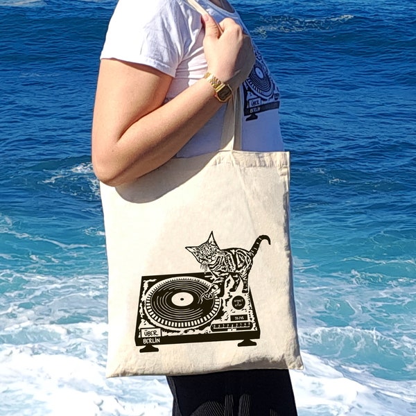 DJ kat op platenspeler jute tas | Kat op grammofoon, DJane Cat, draagtas, jute tas, lang hengsel, Vaderdagcadeau