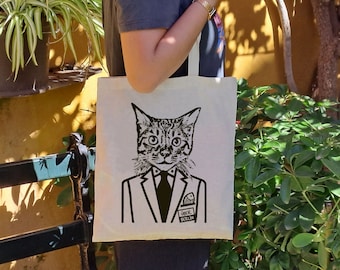 Cat in a suit Tote Bag | Reusable Cotton Jute Bag, Shopping Bag, Natural Bag for Cat Lovers, Everyday Shoulder Bag, Casual